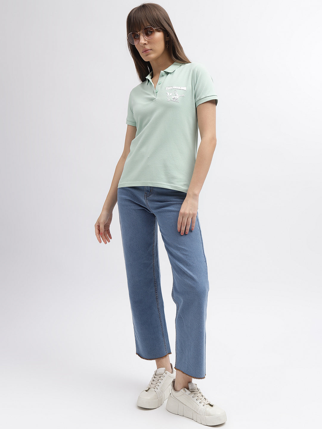 True Religion Women Green Solid Polo Collar Short Sleeves T-Shirt