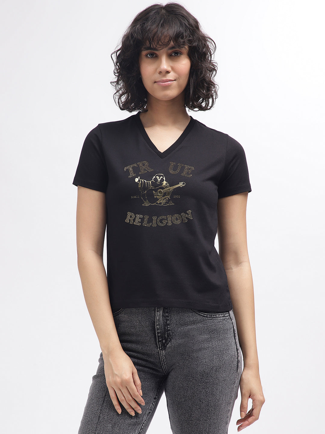 Shop True Religion Women Black Printed V-Neck Short Sleeves T - Main Image