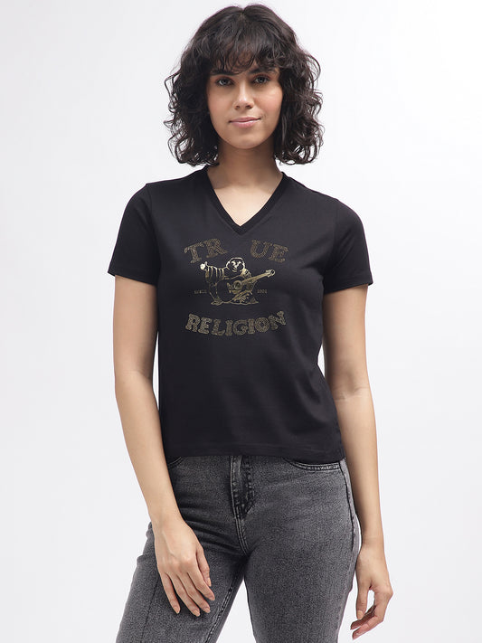 True Religion Women Black Printed V-Neck Short Sleeves T-Shirt