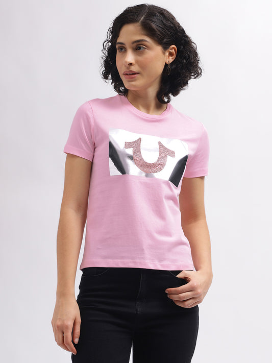 True Religion Women Pink Solid Round Neck Short Sleeves T-Shirt