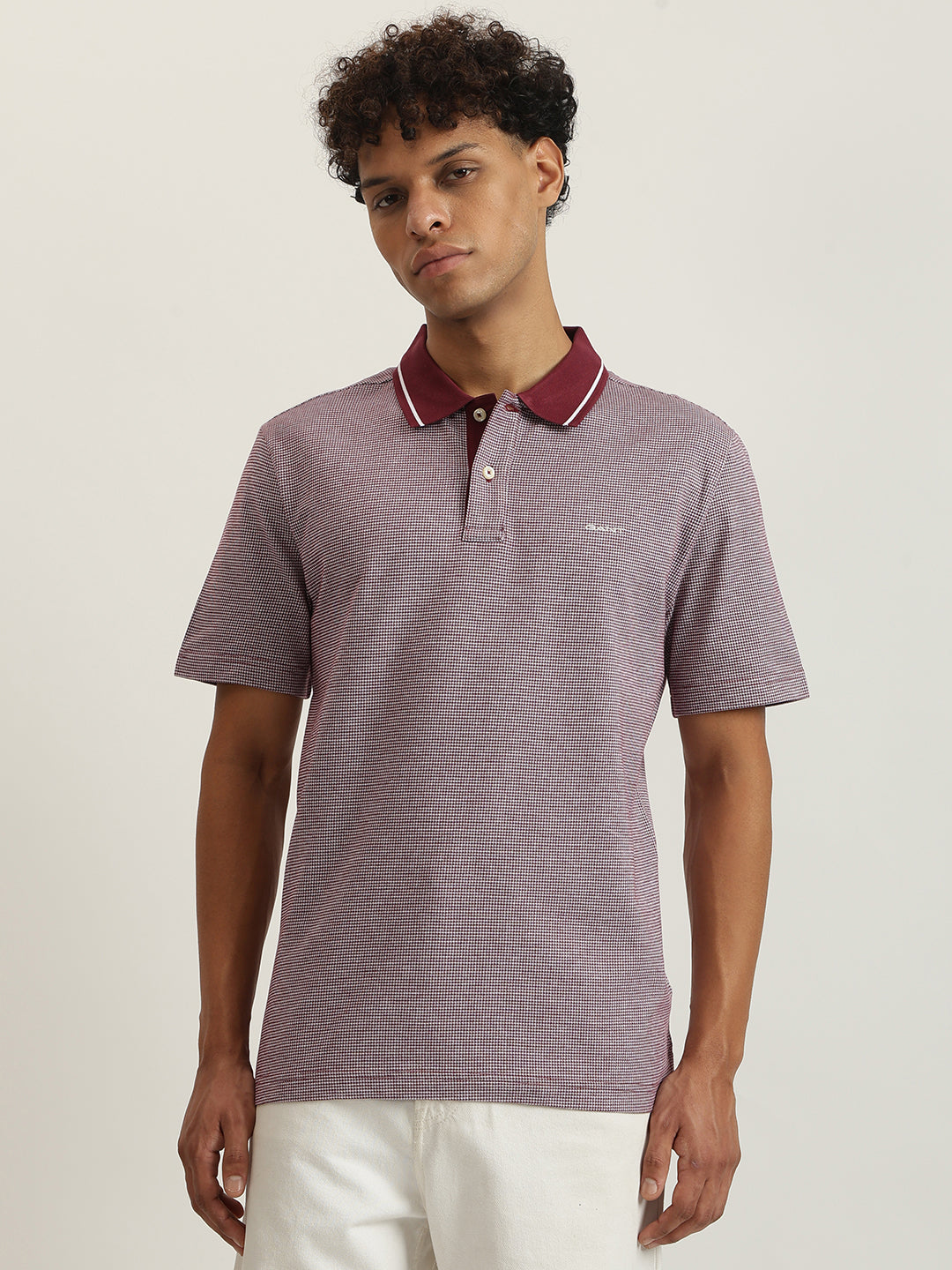 Gant Men Wine Red Self Design Collared Short Sleeves Polo Tshirt
