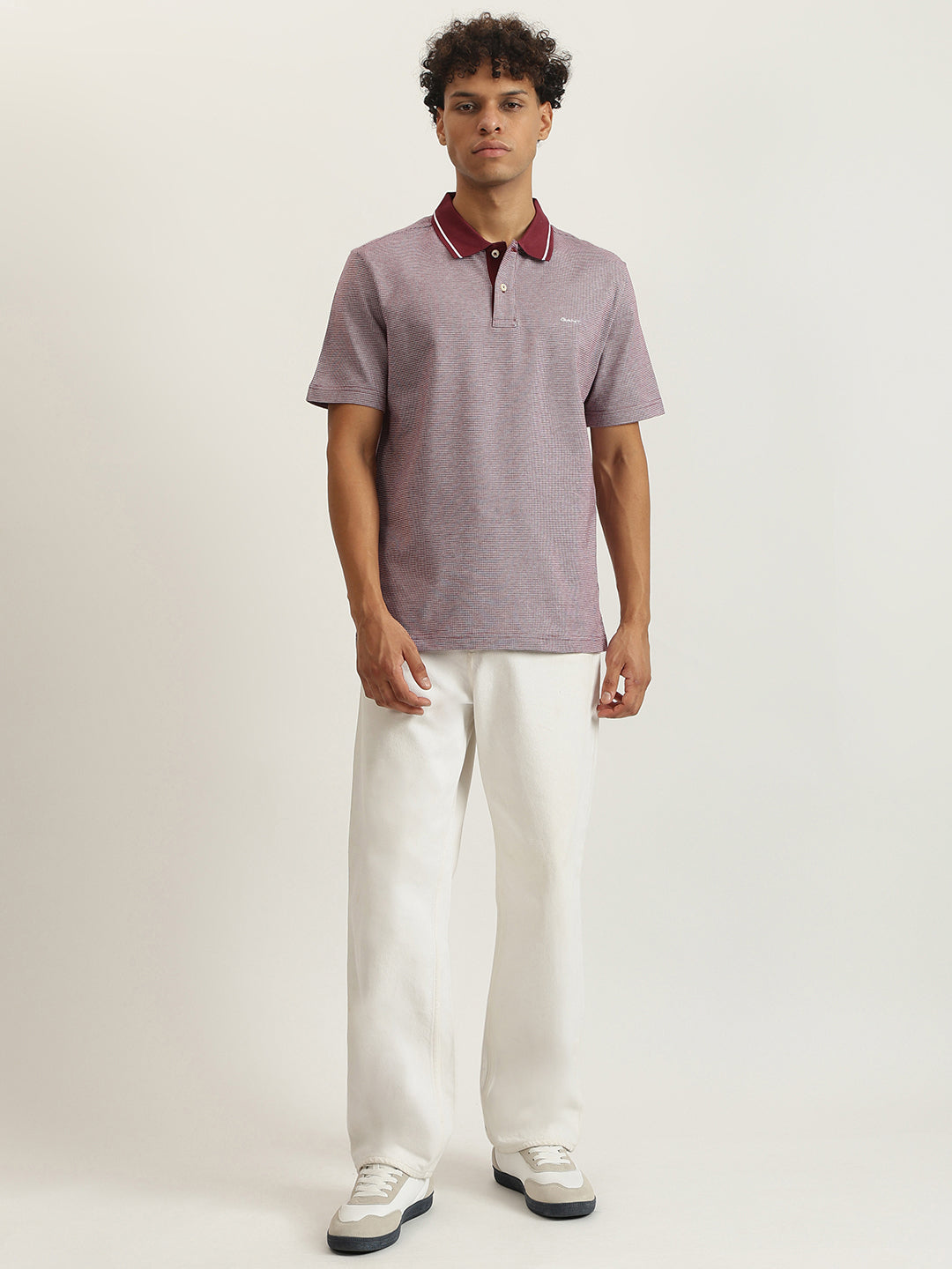 Gant Men Wine Red Self Design Collared Short Sleeves Polo Tshirt