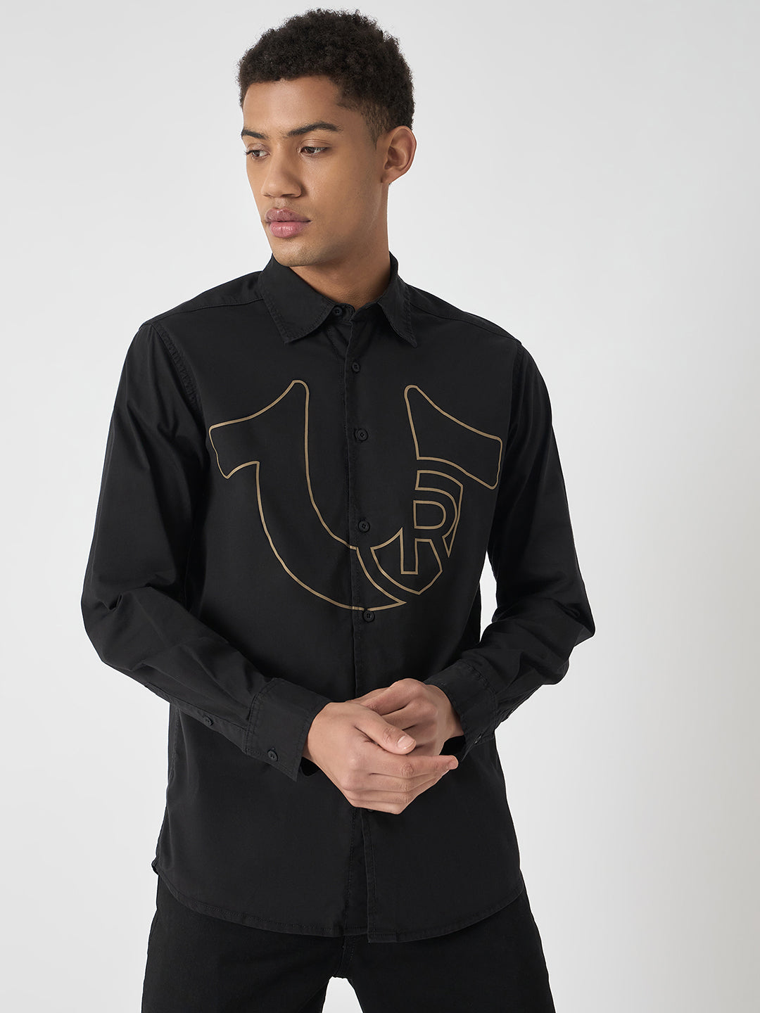 True Religion Men Black Printed Spread Collar Full Sleeves Shirt