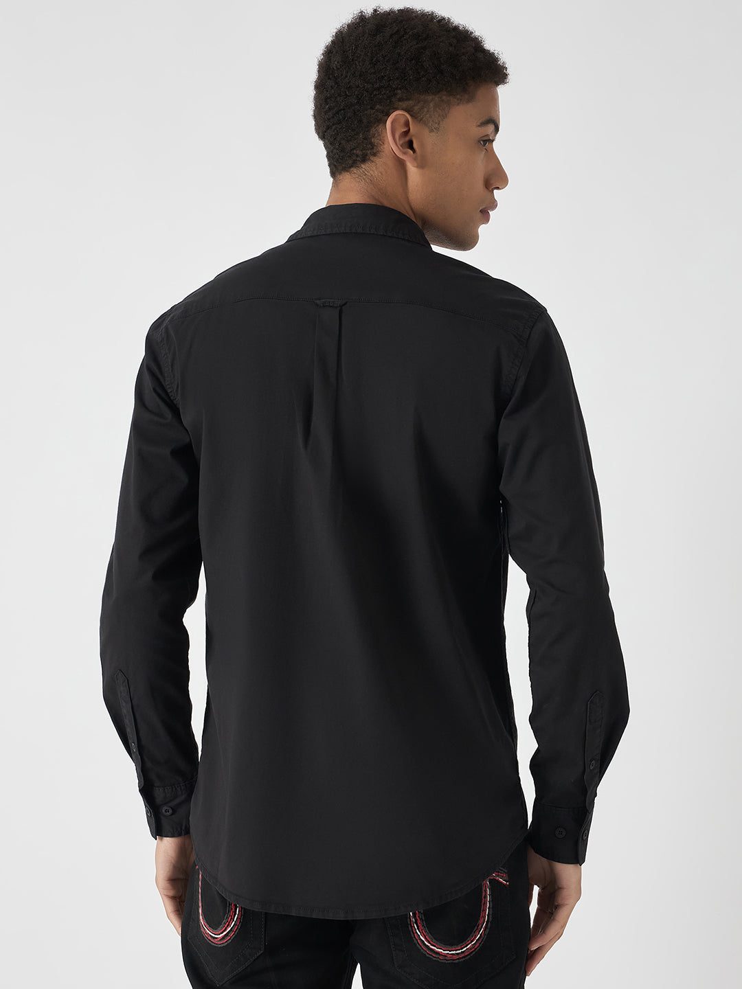 True Religion Men Black Printed Spread Collar Full Sleeves Shirt