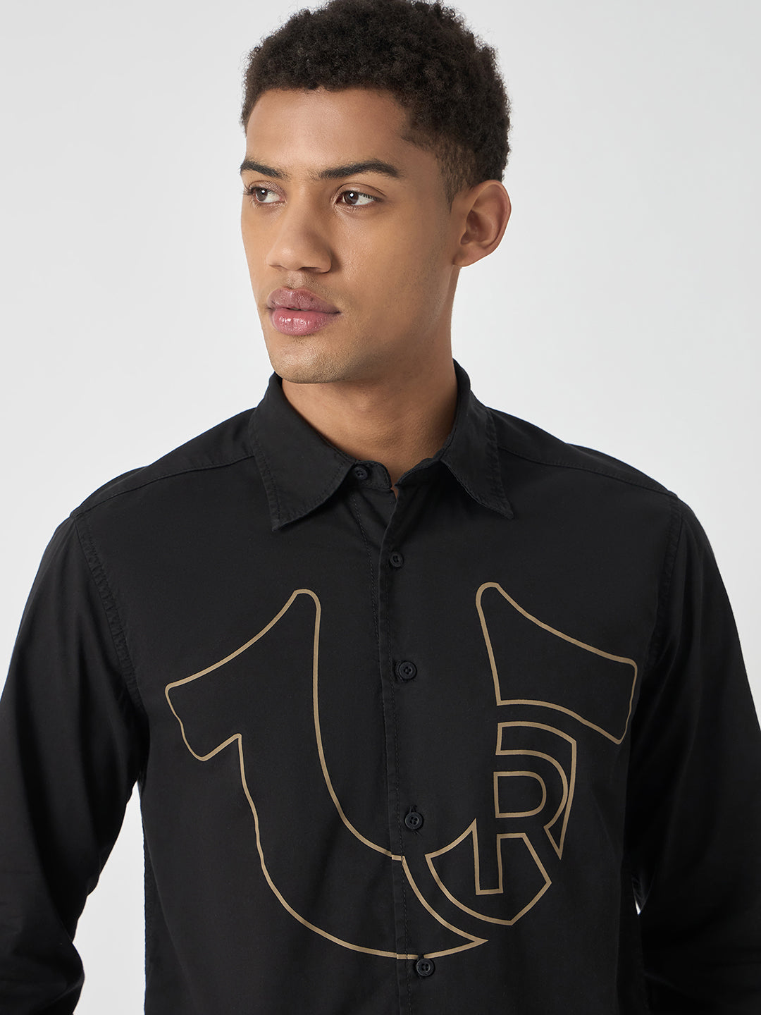 True Religion Men Black Printed Spread Collar Full Sleeves Shirt