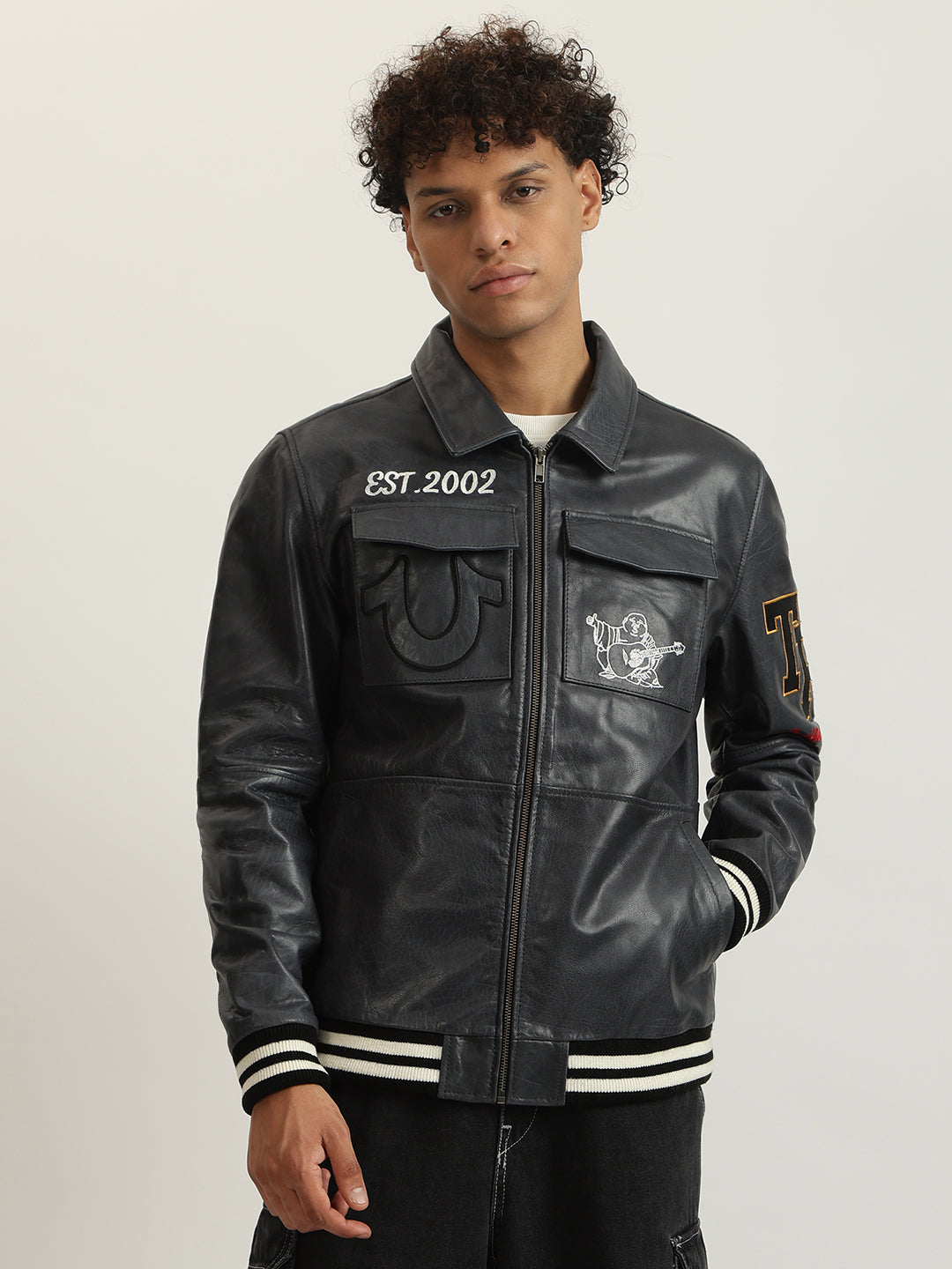 Shop True Religion Men Navy Embellished Spread Collar Full Sleeves