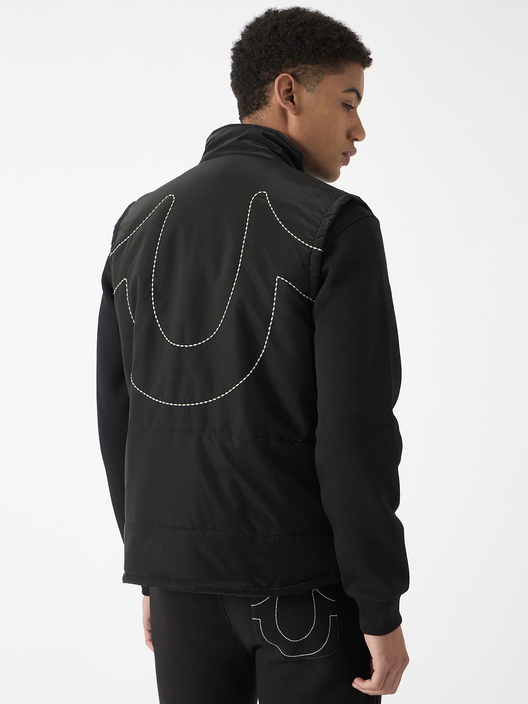 True Religion Men Black Solid Stand Collar Sleeveless Gilet Jacket