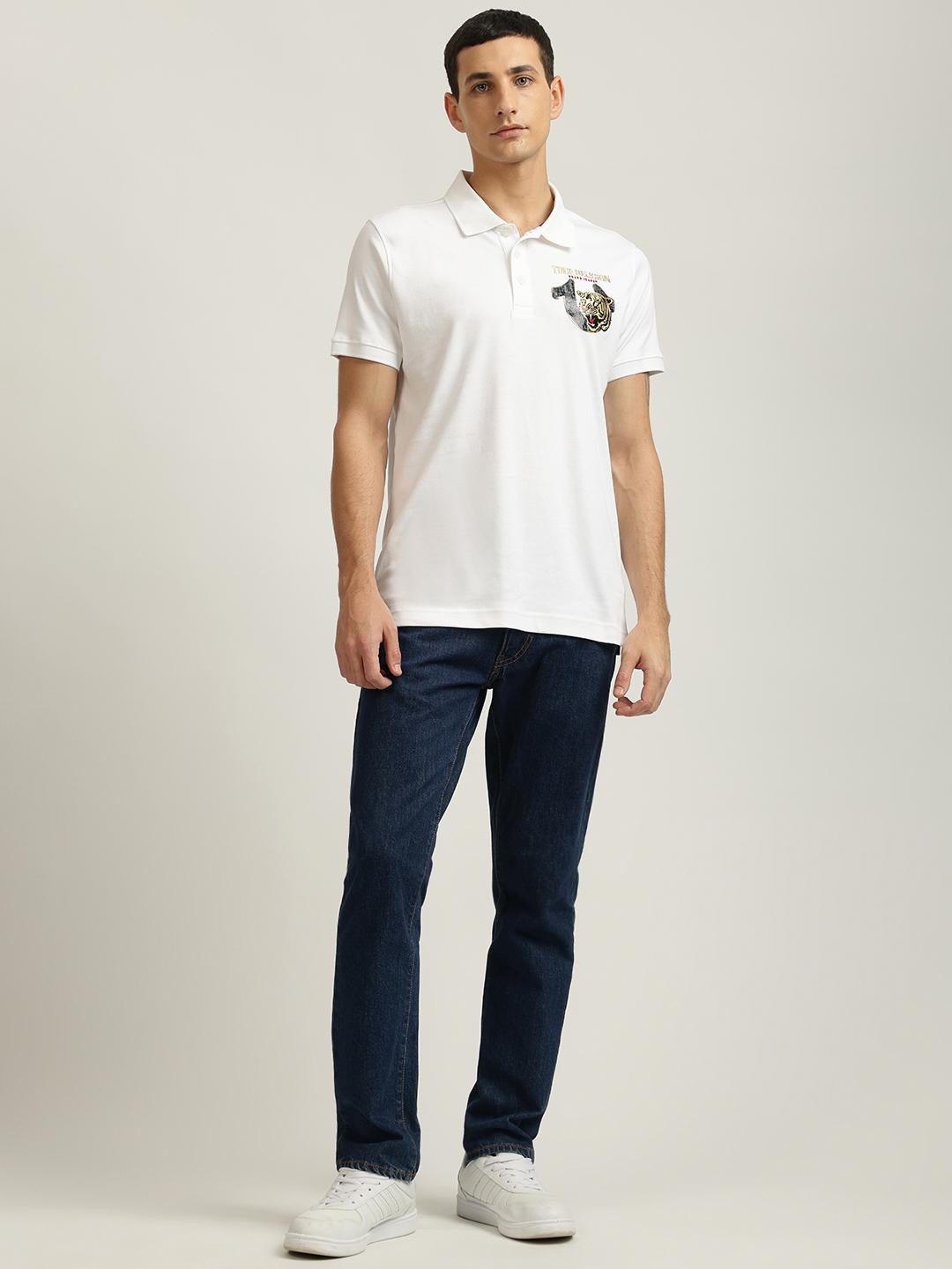 True Religion Men White Solid Polo Collar Short Sleeves T-shirt