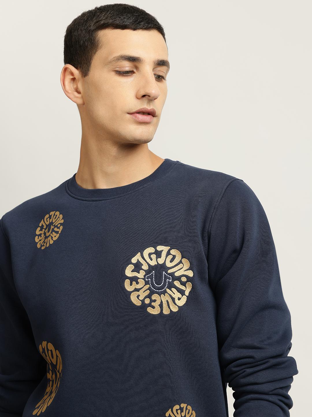 True Religion Men Blue Printed Round Neck Full Sleeves Pullover Style Sweatshirt