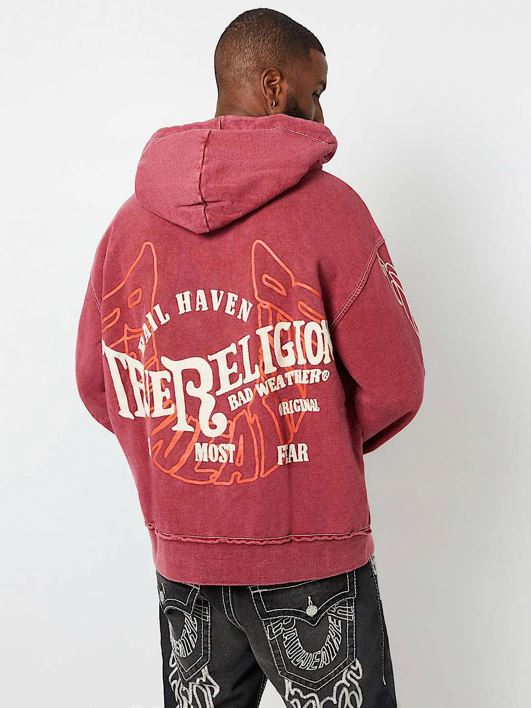 True Religion Men Red Printed Hooded Full Sleeves Zipped Sweatshirt