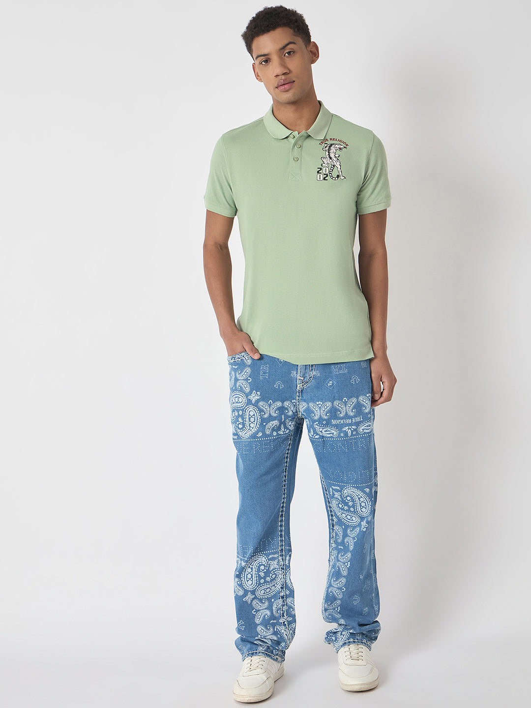 True Religion Men Green Solid Polo Collar Short Sleeves Polo T-Shirt