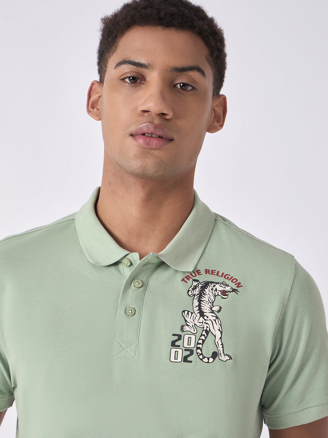 True Religion Men Green Solid Polo Collar Short Sleeves Polo T-Shirt