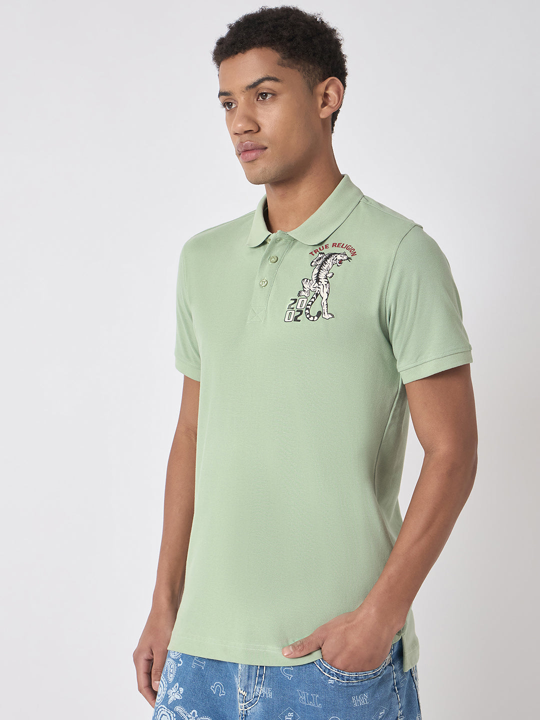 True Religion Men Green Solid Polo Collar Short Sleeves Polo T-Shirt