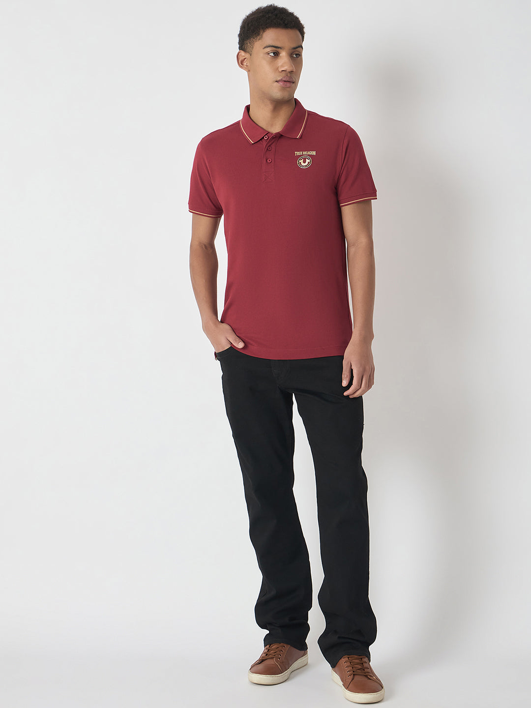 True Religion Men Red Solid Polo Collar Short Sleeves Polo T-Shirt