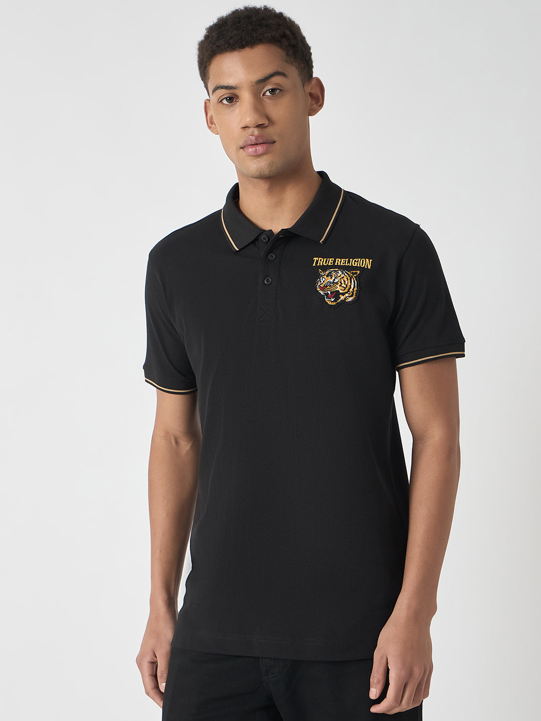 True Religion Men Black Solid Polo Collar Short Sleeves Polo T-Shirt