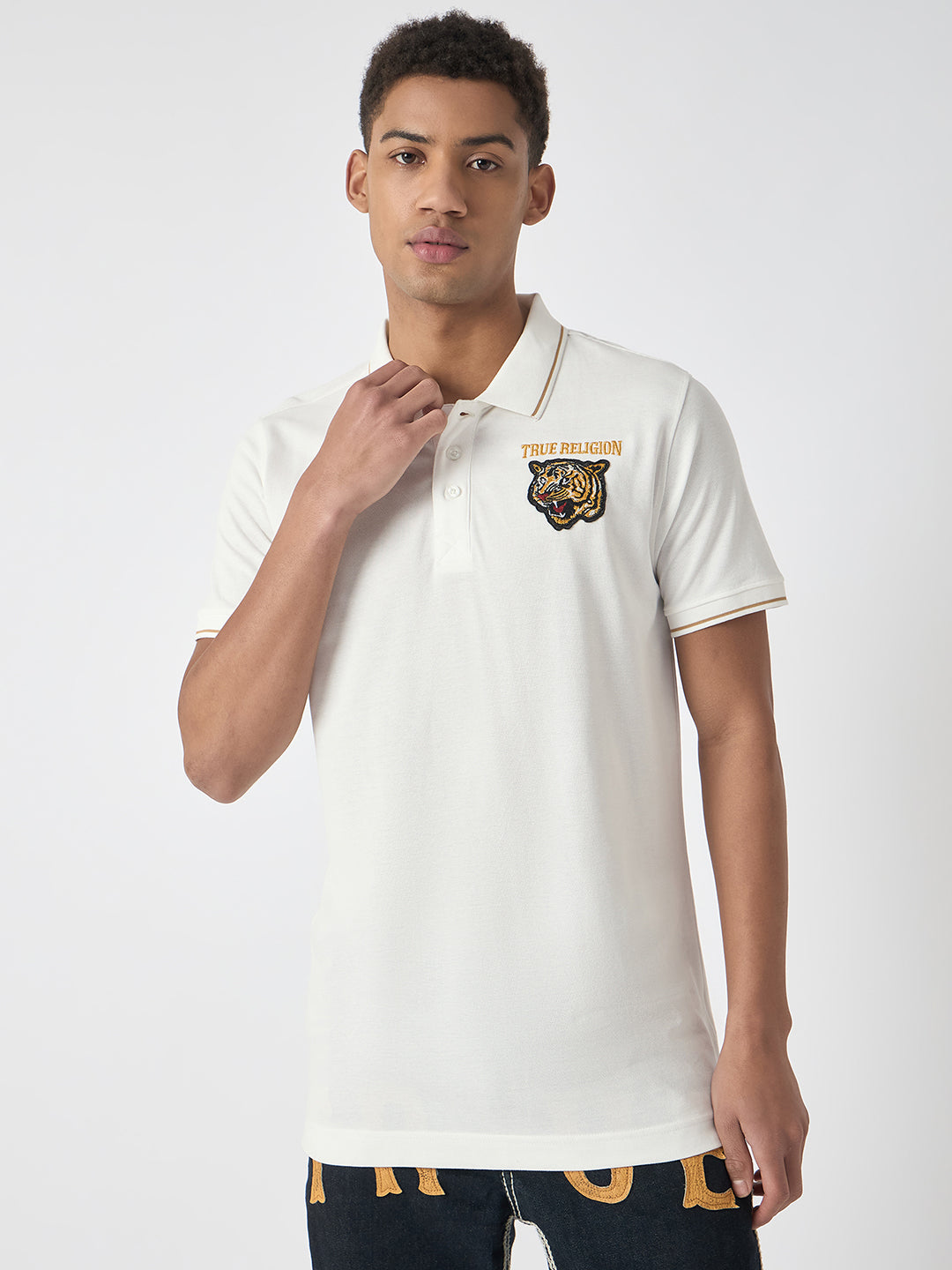 True Religion Men White Solid Polo Collar Short Sleeves Polo T-Shirt