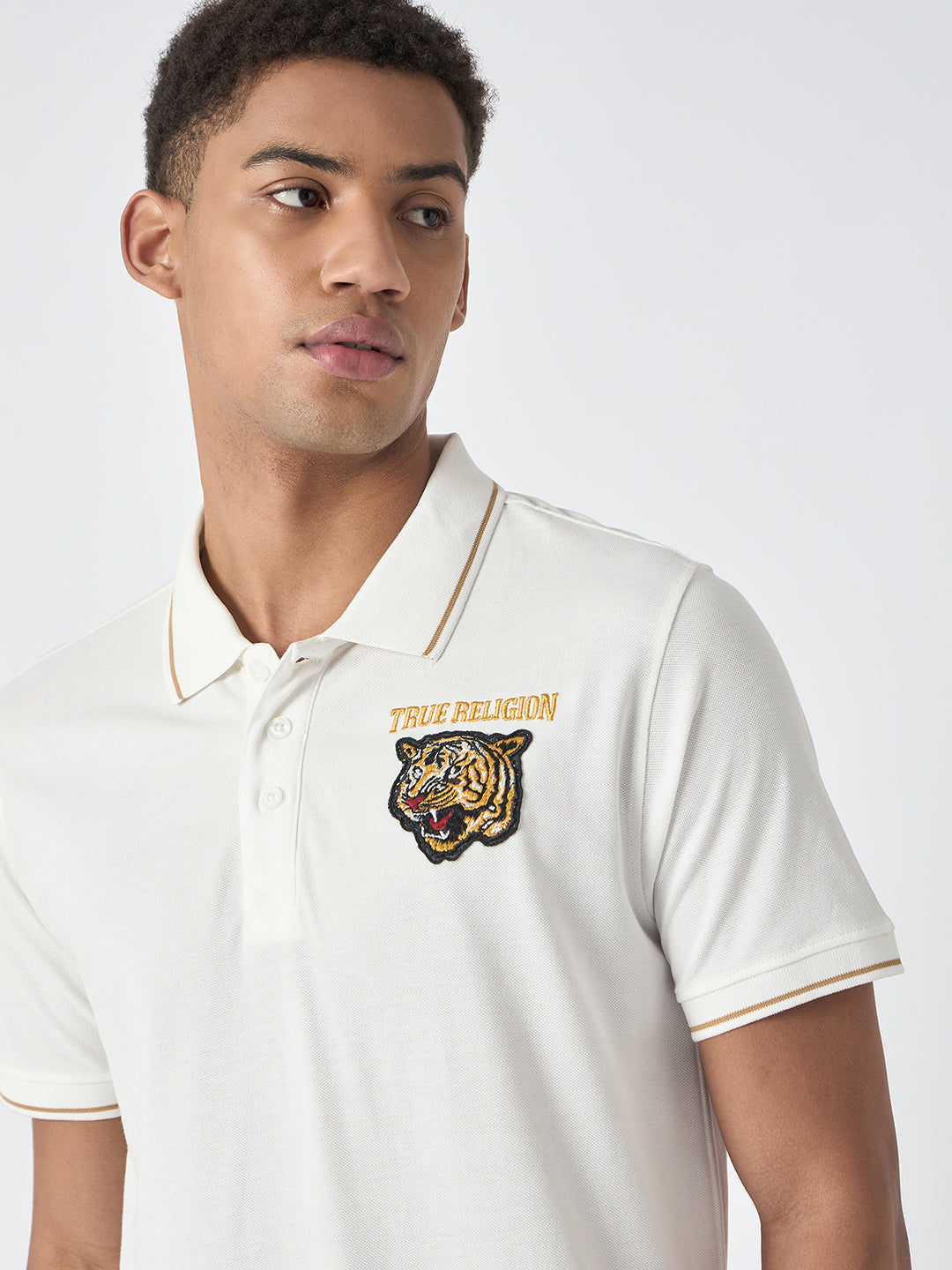 True Religion Men White Solid Polo Collar Short Sleeves Polo T-Shirt