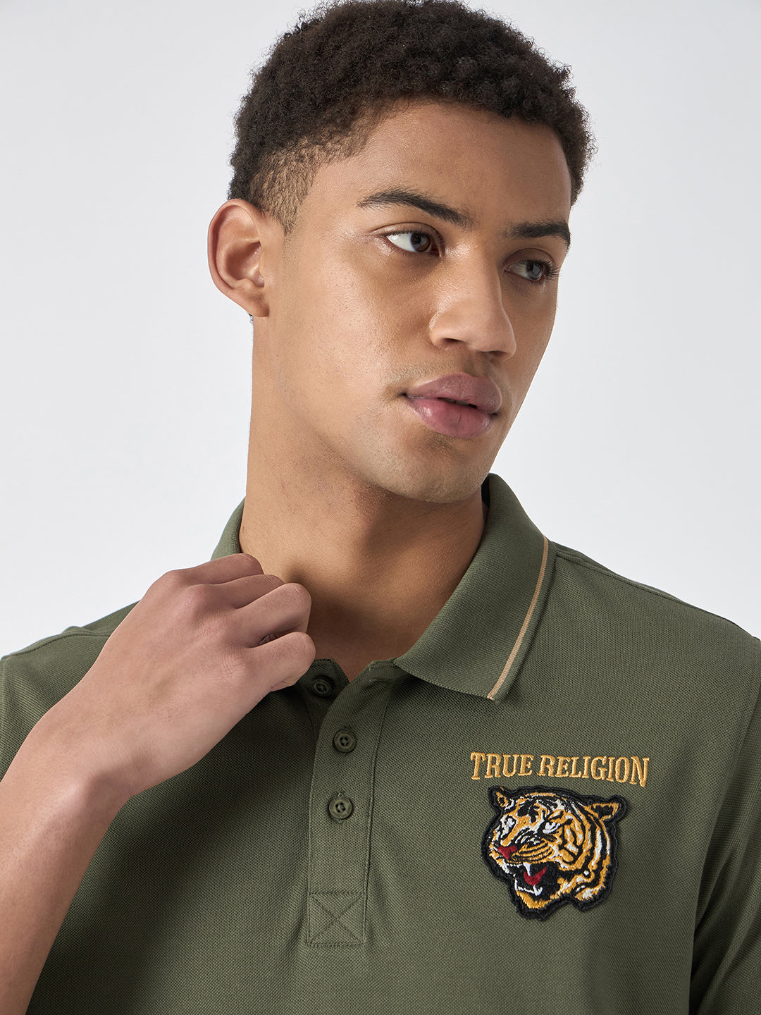 True Religion Men Green Solid Polo Collar Short Sleeves Polo T-Shirt