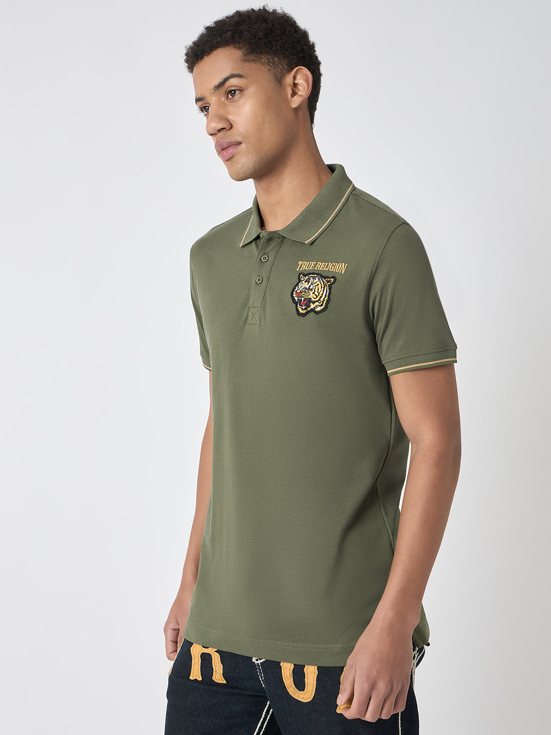 True Religion Men Green Solid Polo Collar Short Sleeves Polo T-Shirt