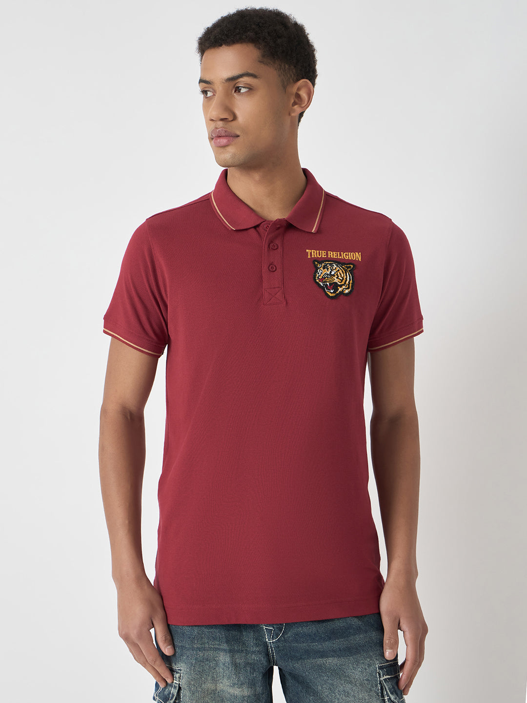 True Religion Men Red Solid Polo Collar Short Sleeves Polo T-Shirt