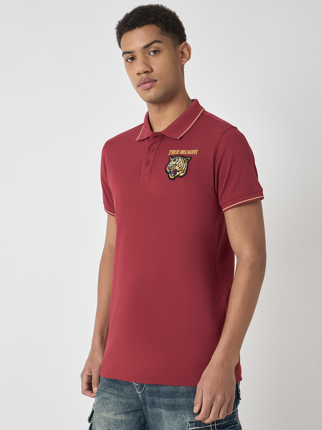 True Religion Men Red Solid Polo Collar Short Sleeves Polo T-Shirt