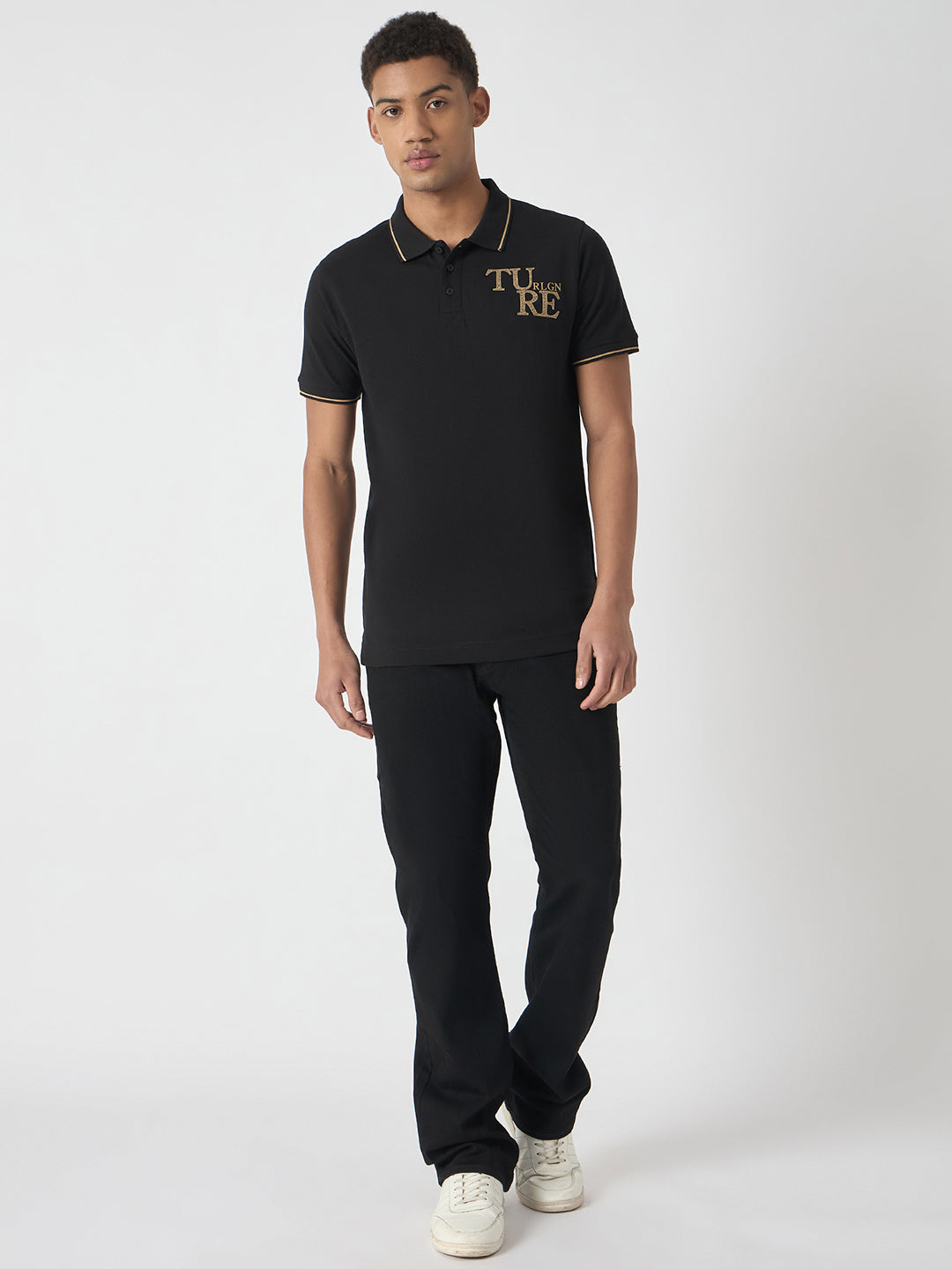 True Religion Men Black Solid Polo Collar Short Sleeves Polo T-Shirt