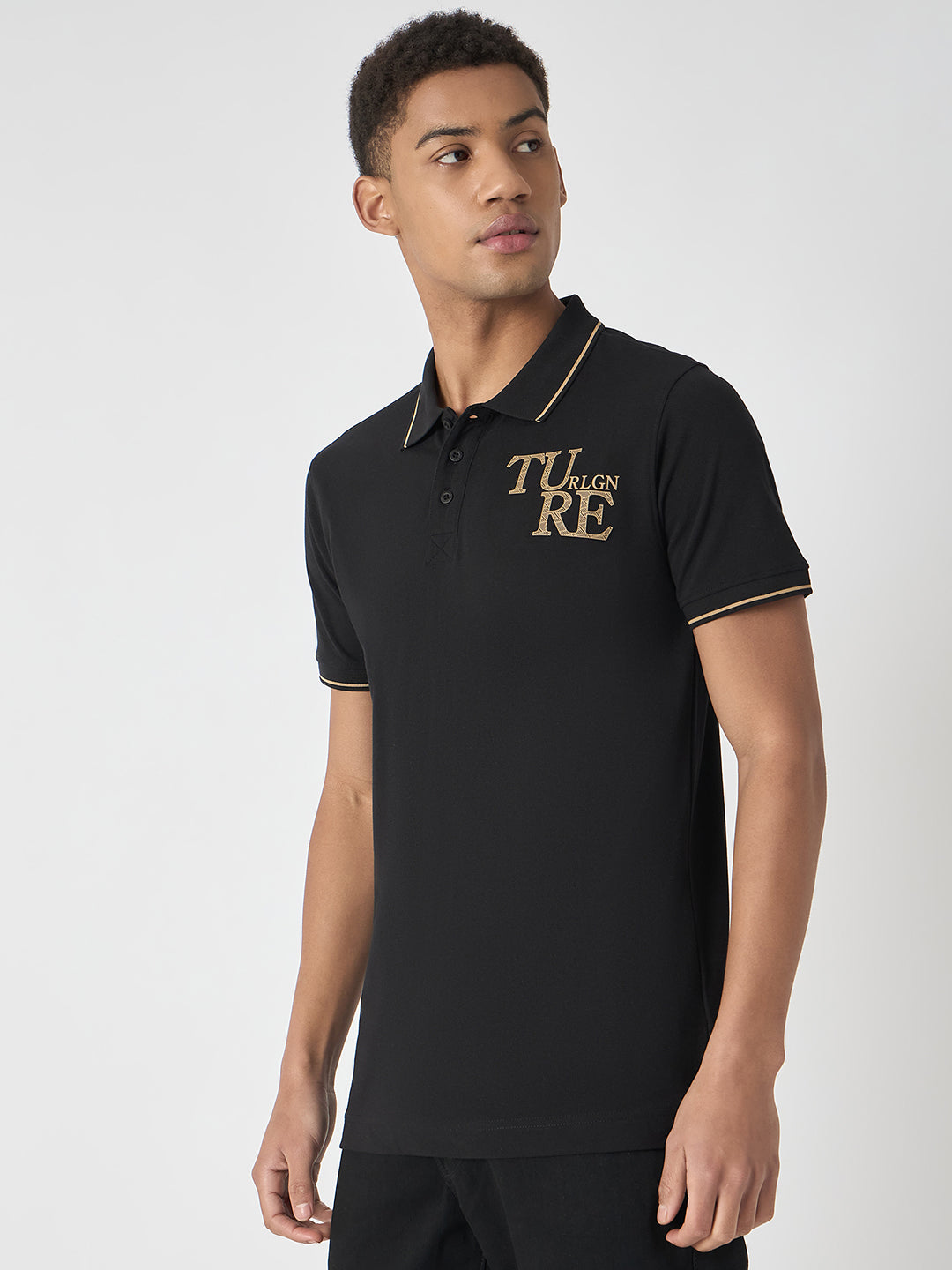 True Religion Men Black Solid Polo Collar Short Sleeves Polo T-Shirt