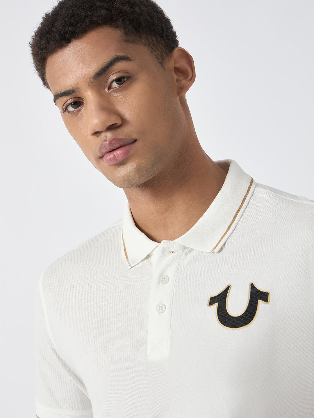 True Religion Men White Solid Polo Collar Short Sleeves Polo T-Shirt