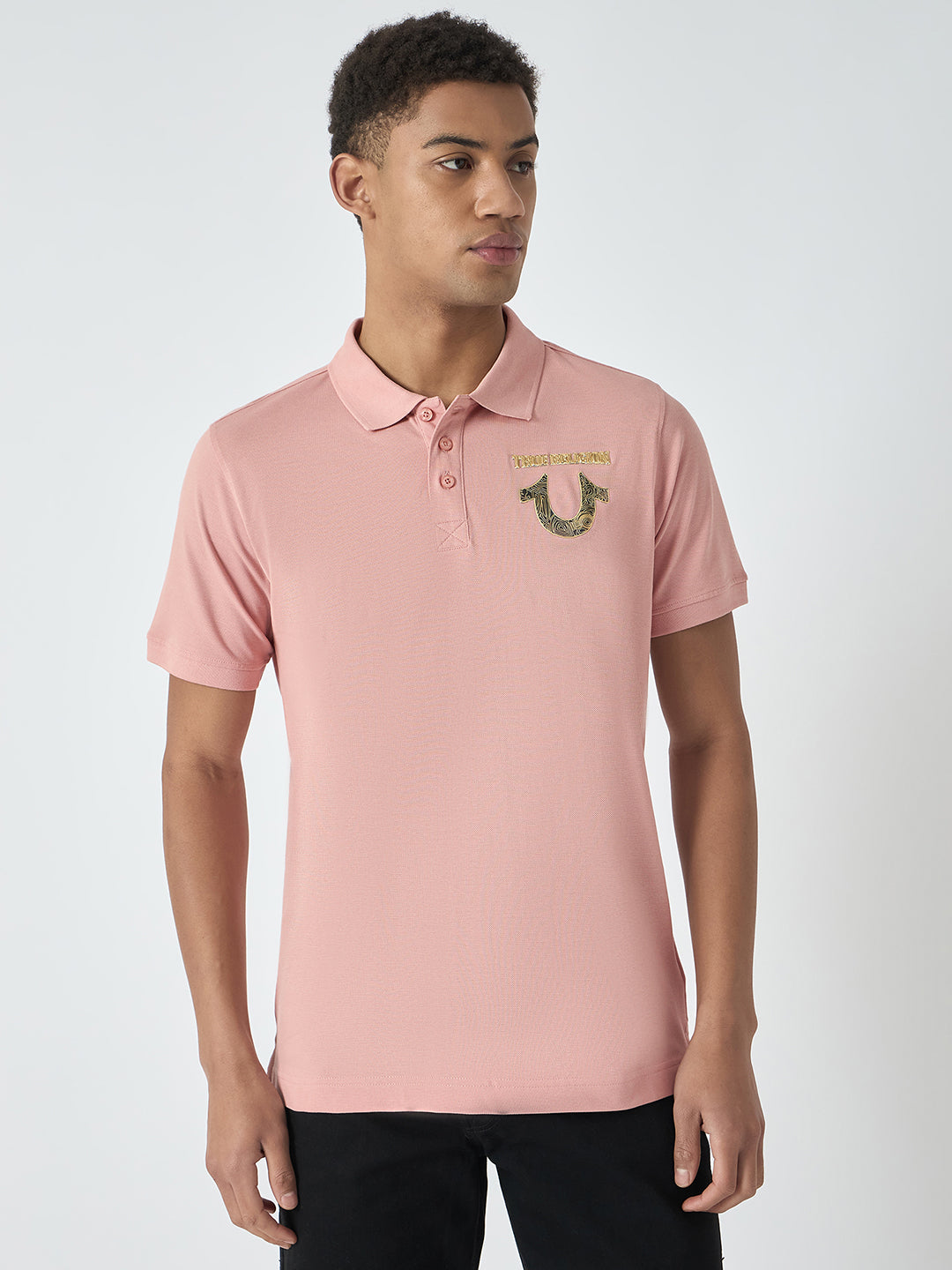 True Religion Men Pink Solid Polo Collar Short Sleeves Polo T-Shirt