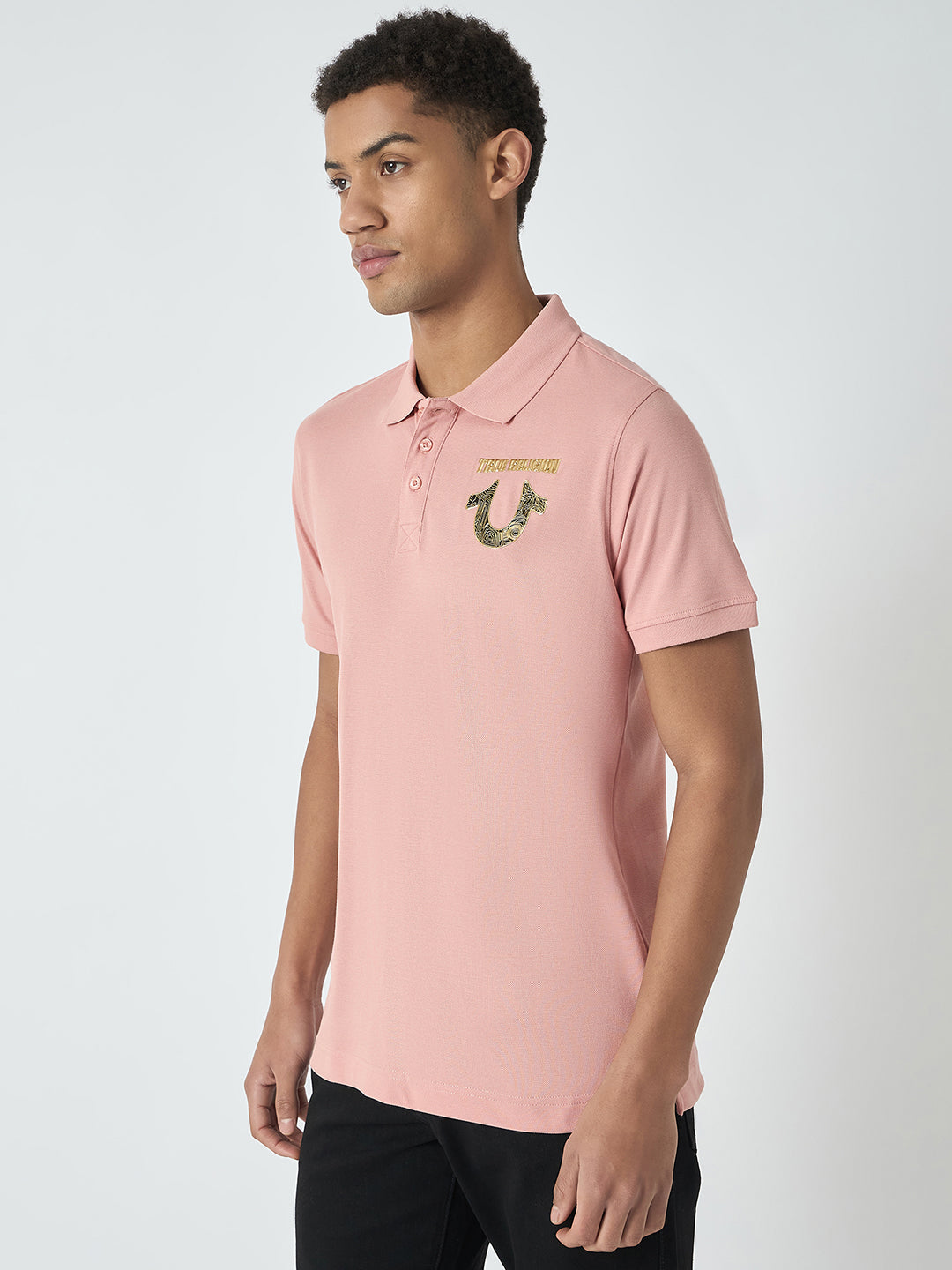 True Religion Men Pink Solid Polo Collar Short Sleeves Polo T-Shirt