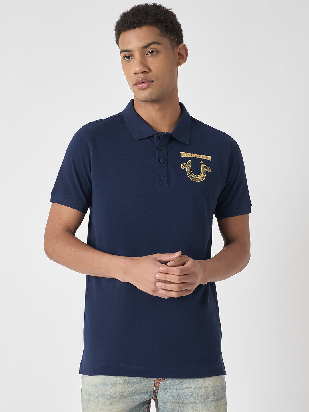 True Religion Men Blue Solid Polo Collar Short Sleeves Polo T-Shirt
