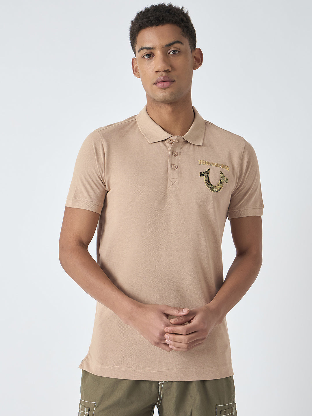True Religion Men Beige Solid Polo Collar Short Sleeves Polo T-Shirt