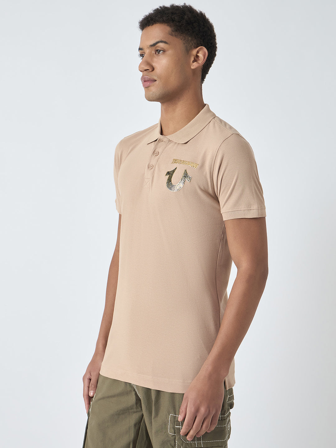 True Religion Men Beige Solid Polo Collar Short Sleeves Polo T-Shirt
