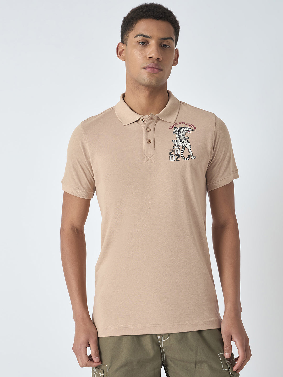 Shop True Religion Men Beige Solid Polo Collar Short Sleeves Polo