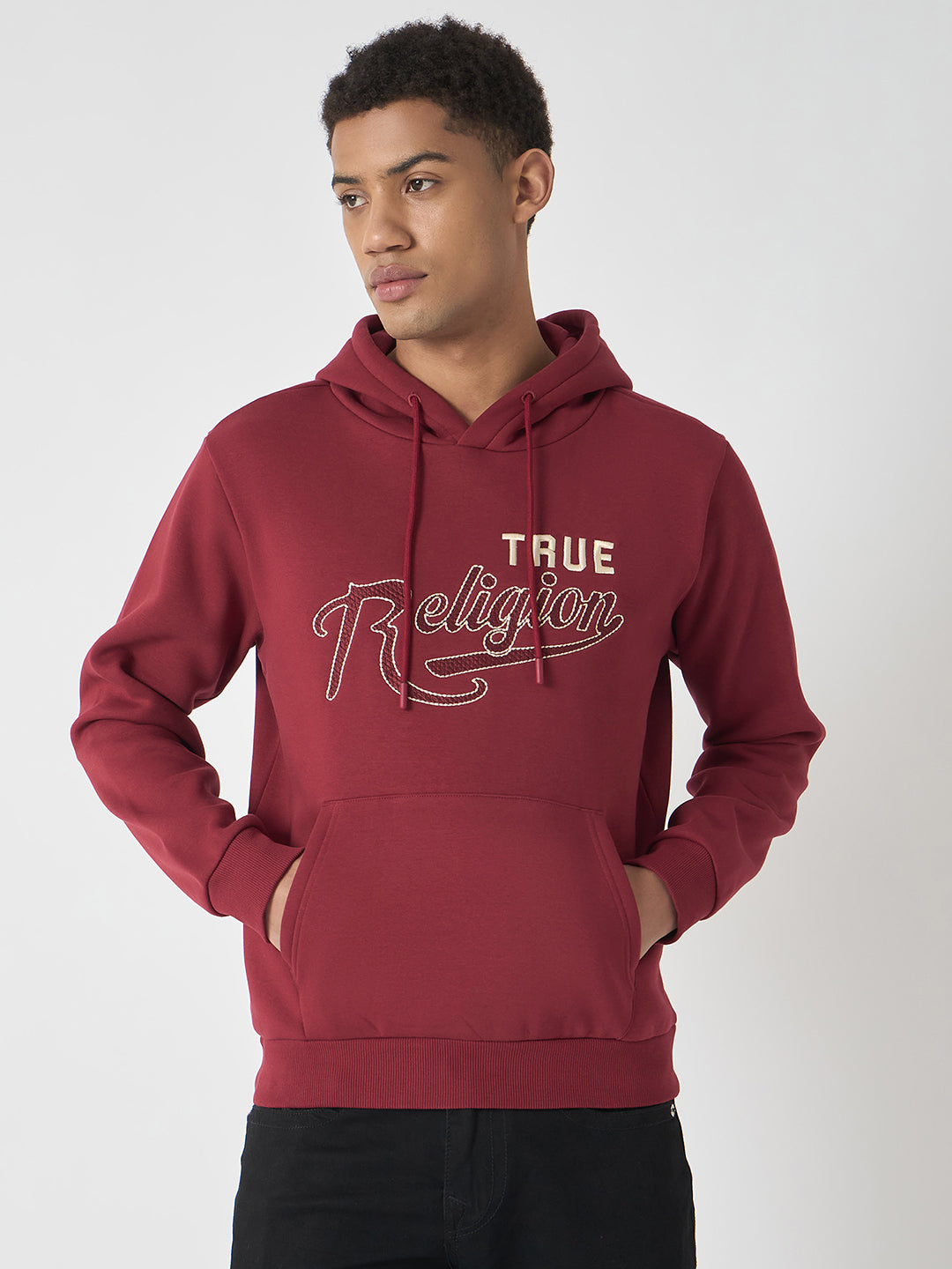 Shop True Religion Men Red Embroidered Hooded Full Sleeves Sweatshirt Online