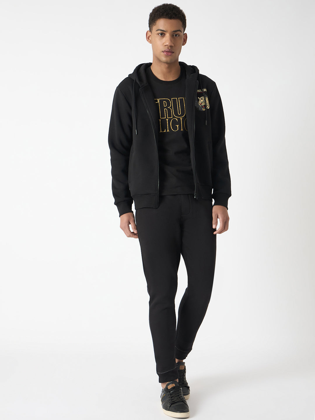 True Religion Men Black Solid Hooded Full Sleeves Sweatshirt