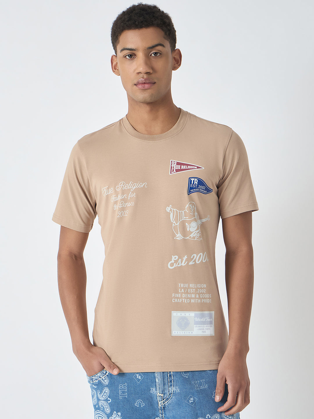 Shop True Religion Men Beige Printed Round Neck Short Sleeves T