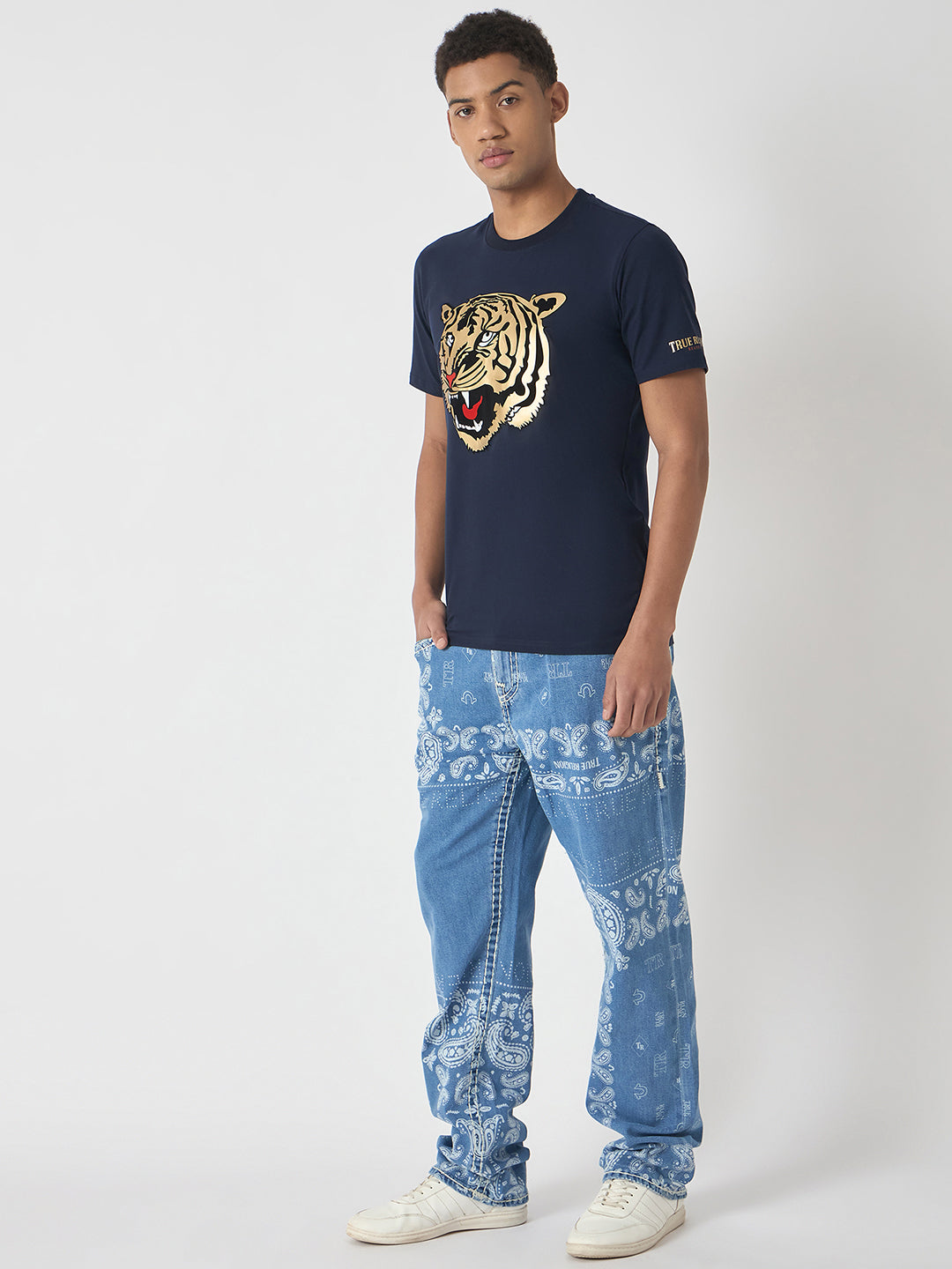 True Religion Men Navy Blue Printed Round Neck Short Sleeves T-Shirt