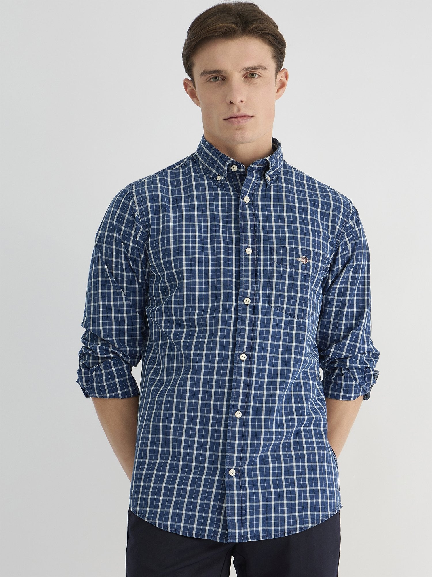 Gant Men Blue Regular Fit Checks Collar Neck Shirt
