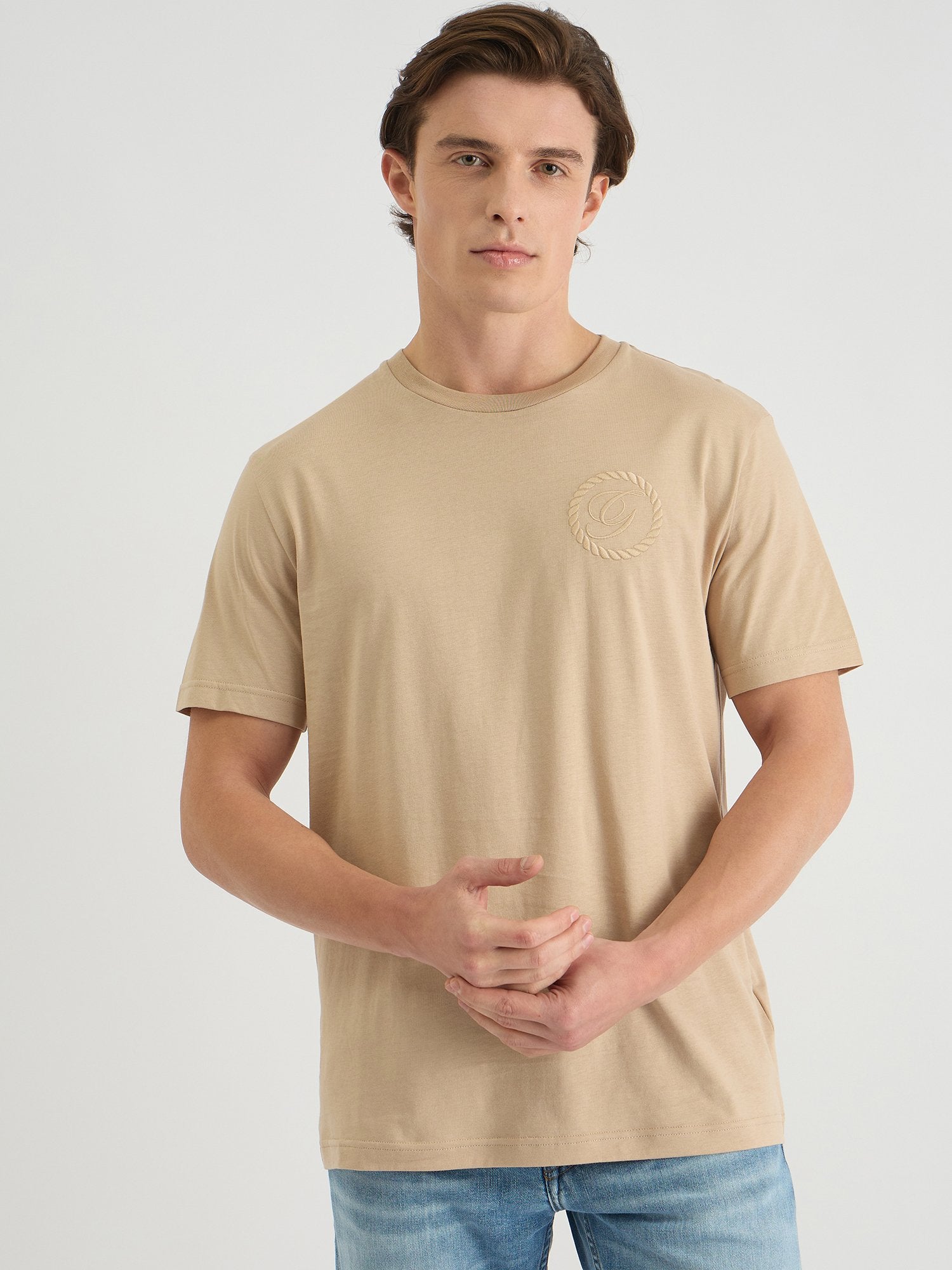 Gant Men Beige Regular Fit Solid Crew Neck Tshirt