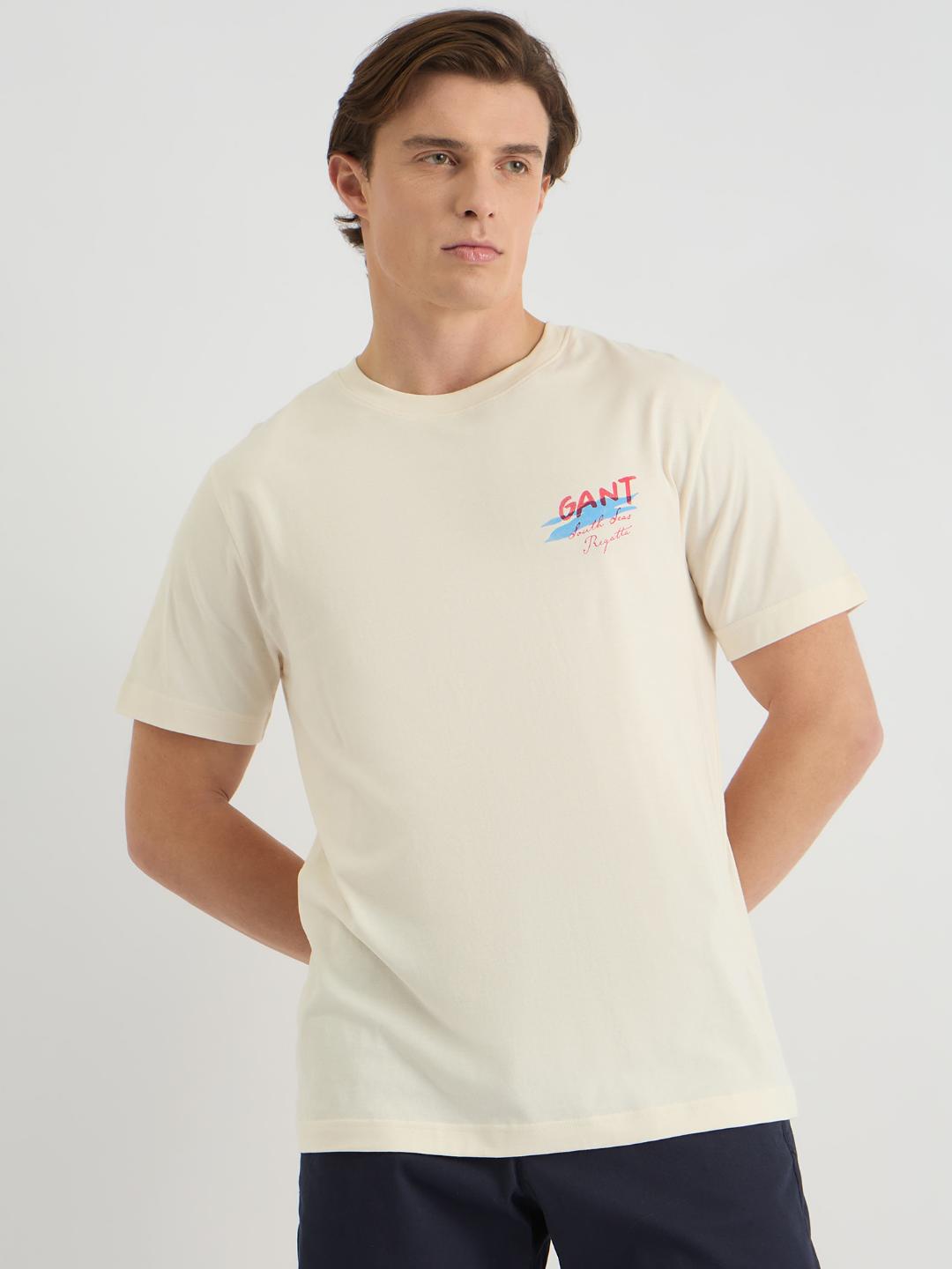 Gant Men Cream Regular Fit Solid Crew Neck Tshirt