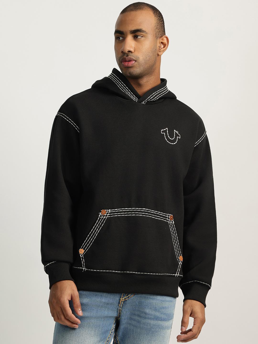 True Religion Men Black Self Design Hooded Full Sleeves Sweatshirt