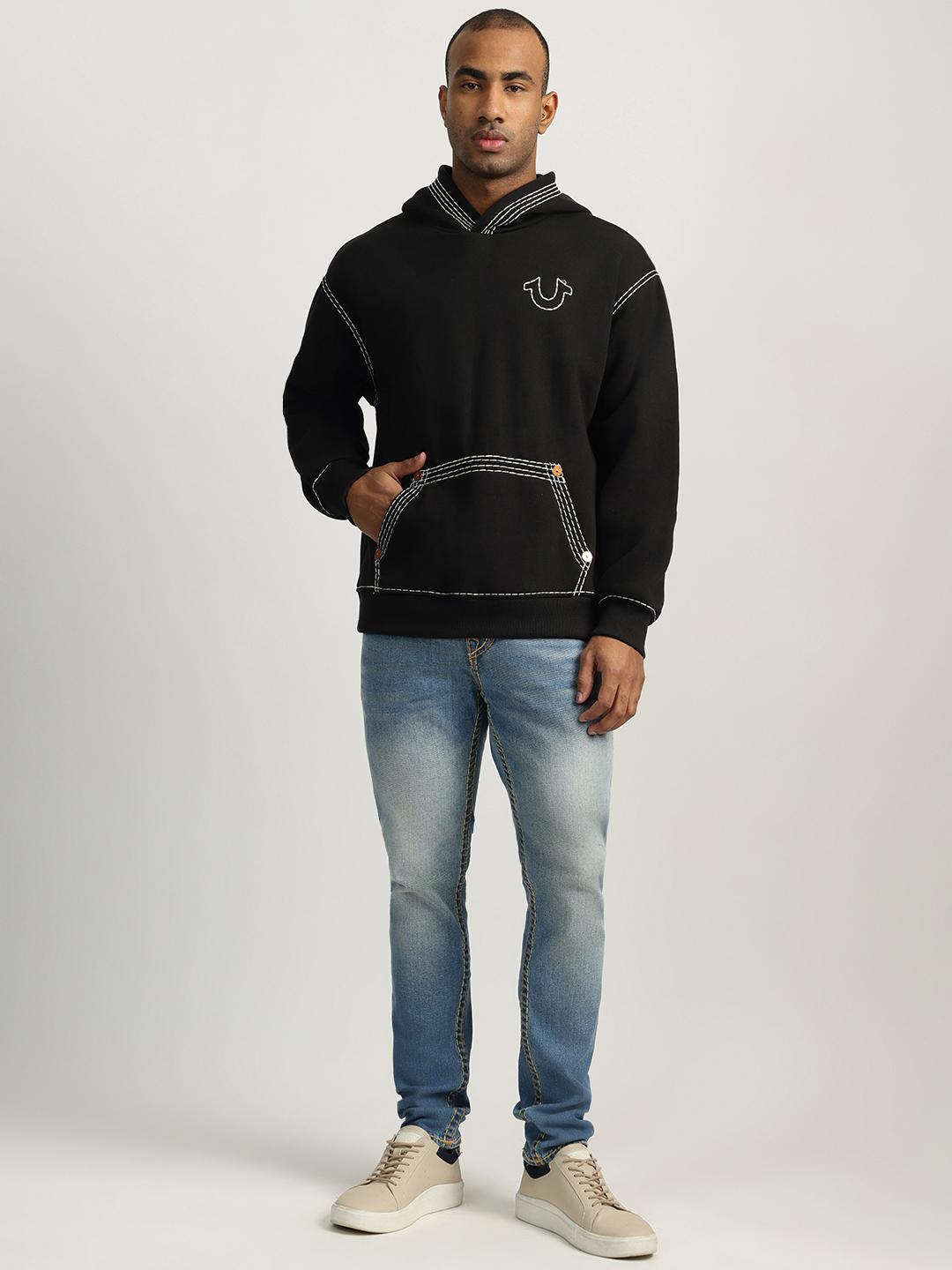 True Religion Men Black Self Design Hooded Full Sleeves Sweatshirt