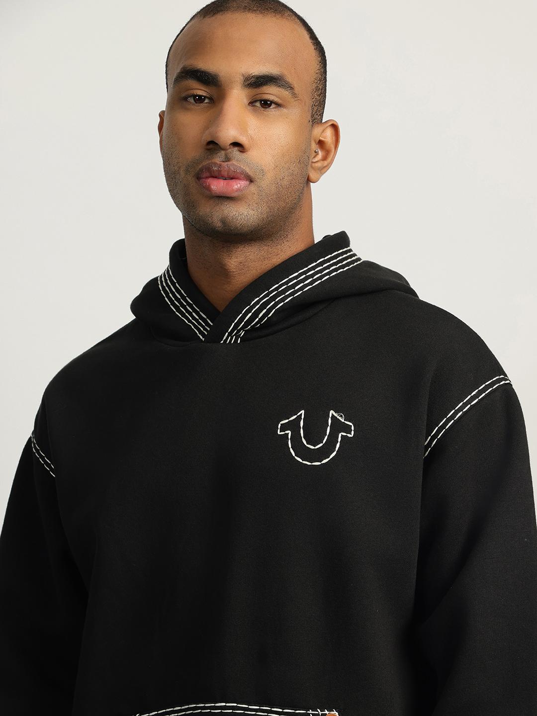 True Religion Men Black Self Design Hooded Full Sleeves Sweatshirt