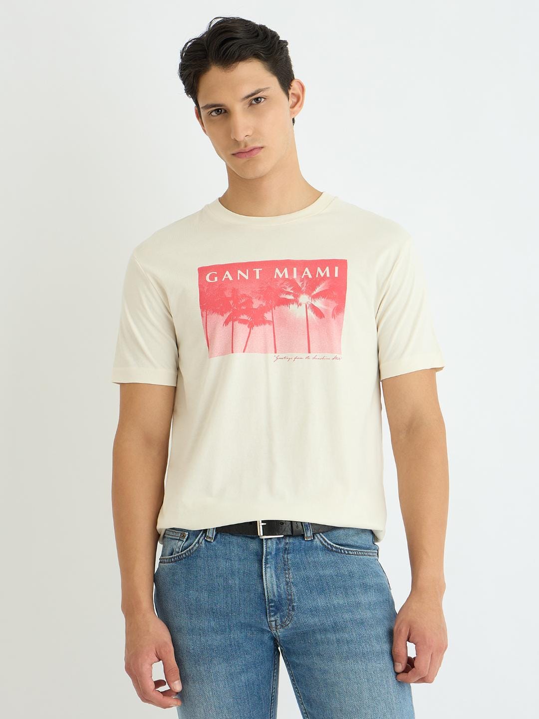 Gant Men Cream Printed Crew Neck Tshirt