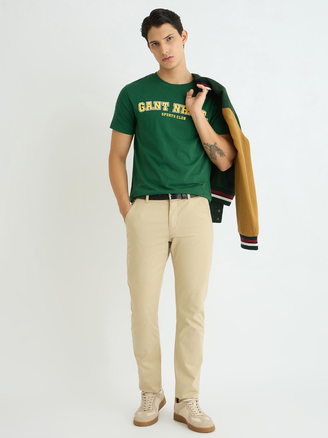 Gant Men Green Solid Crew Neck Tshirt