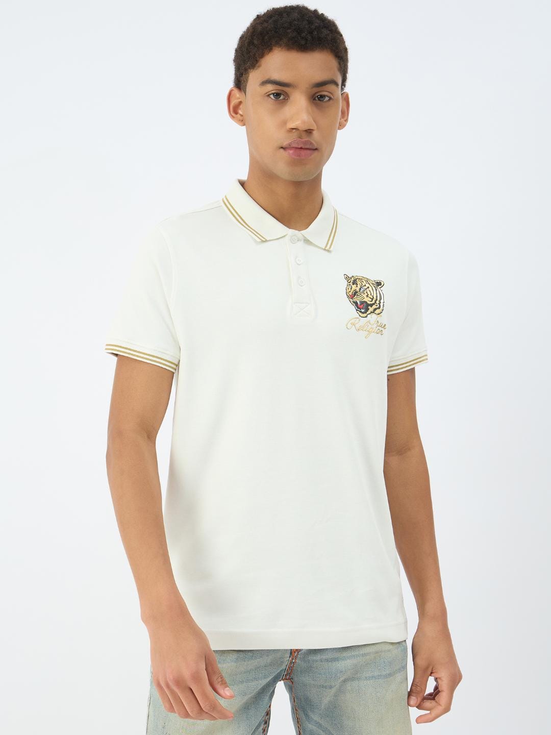 True Religion Men Cream Solid Polo Tshirt