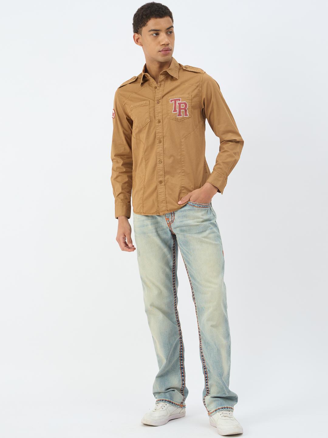 True Religion Men Brown Solid Collar Shirt