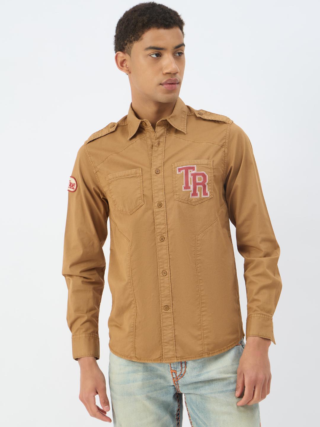 True Religion Men Brown Solid Collar Shirt