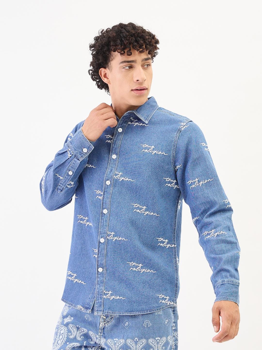 True Religion Men Blue Solid Collar Shirt